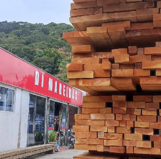 Pilha de madeira em frente à loja Di Madeiras