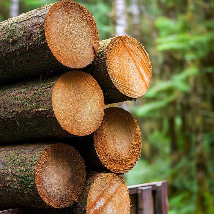 Caminhão de transporte florestal carregado com toras frescas, dispostas em duas camadas horizontais com cortes voltados para fora, revelando anéis de crescimento. A casca permanece nas laterais e o fundo mostra floresta temperada densa, com árvores altas e folhagem verde abundante.